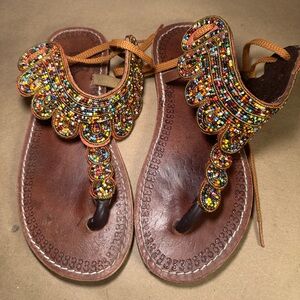 Beaded Boho Leather Sandals Size 41